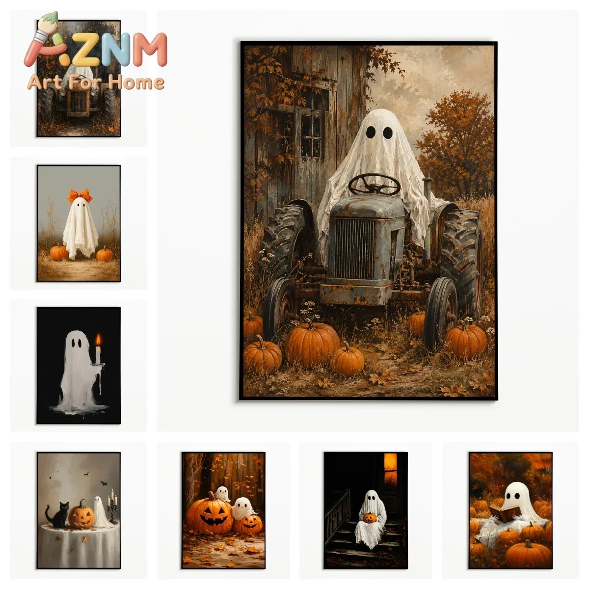 1PC Vintage Wall Art Ghost Tractor Pumpkin Farm Posters Halloween Canvas Painting Room Wall Decor Gallery Wall Prints Fall Gifts
