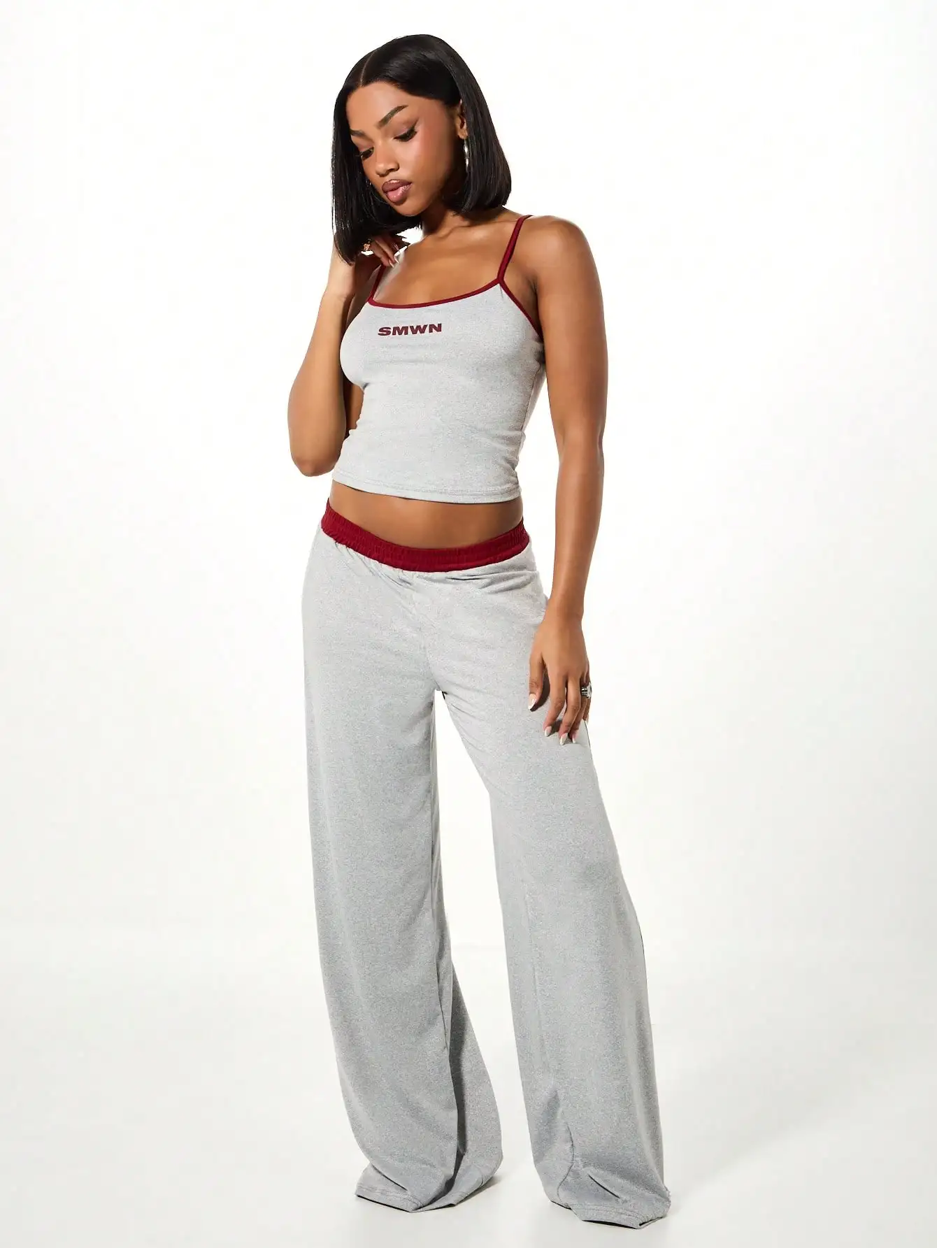 

Women's Heather Grey Crop Cami Top & Wide Leg Lounge Pants Set with Contrast Trim