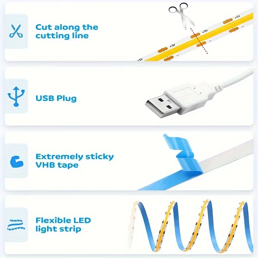 USB 5V LED Strip Light COB Touch Dimmer Control Lamp High Density RA90 Flexible Tape Lights 320Leds/m For Home Cabinet Decor