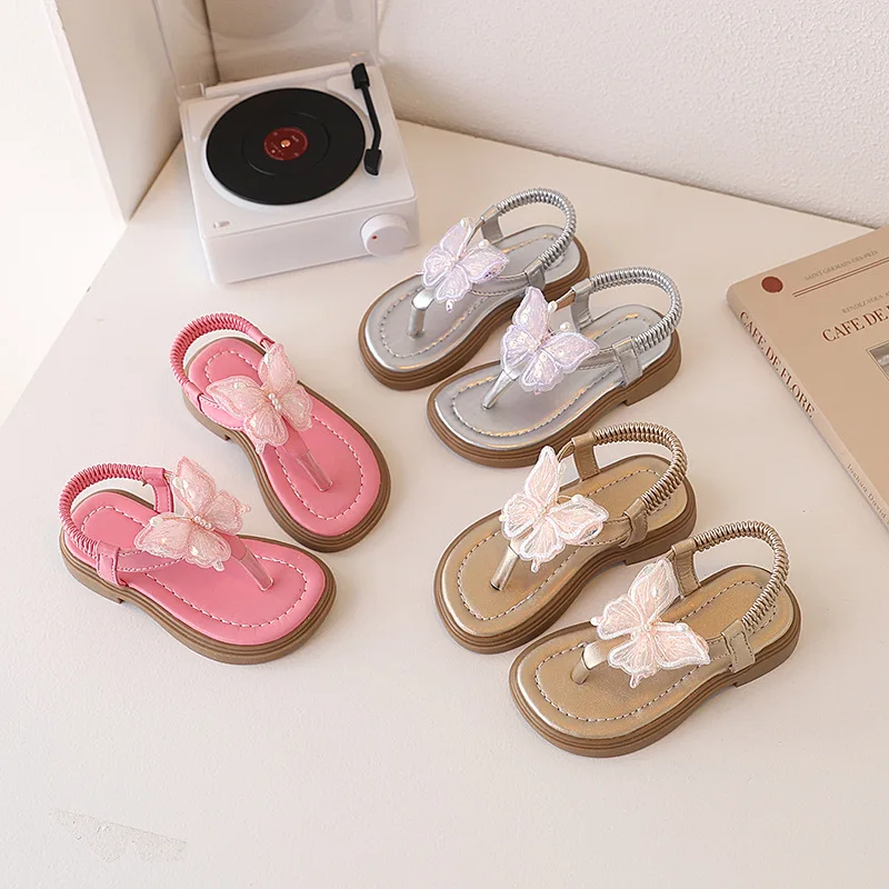Girls Pink Summer Sandals 2026 Kids Silver Bow Toe Post Princess Shoes Breathable Cute Flat Sandals for Girls