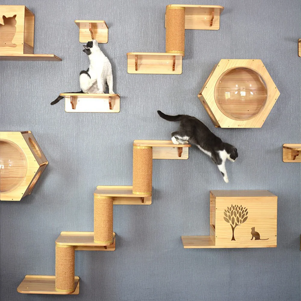 

Solid Wood Wall Mounted Cat Tree Double Layered Jumping Platform Ladder Cat Hammock Furniture Cat Climbing Frame