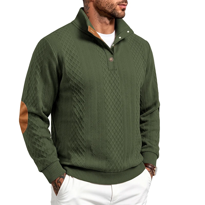 Men's Fall/Winter Casual Loose Heavy-Textured Knit Pullover with Stand Collar and Vintage 3-Button Closure Sweatshirt