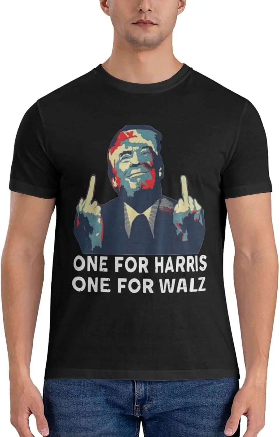 

Trump Middle Finger Kamala Harris Waltz Walz Men's T-Shirt Classic Short Sleeve Tees Cotton Shirt
