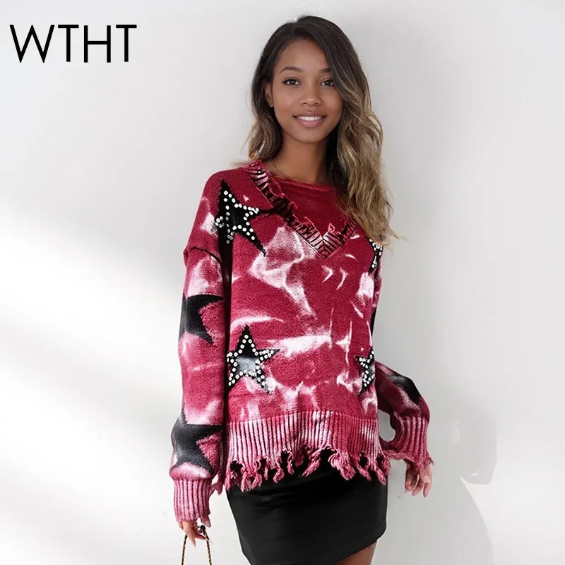 

WTHT Fashion New Women's Diamonds Print V-neck Knit Sweater 2025 Autumn Trendy Long Sleeves Burr Edge Pullovers Female 1LS2548