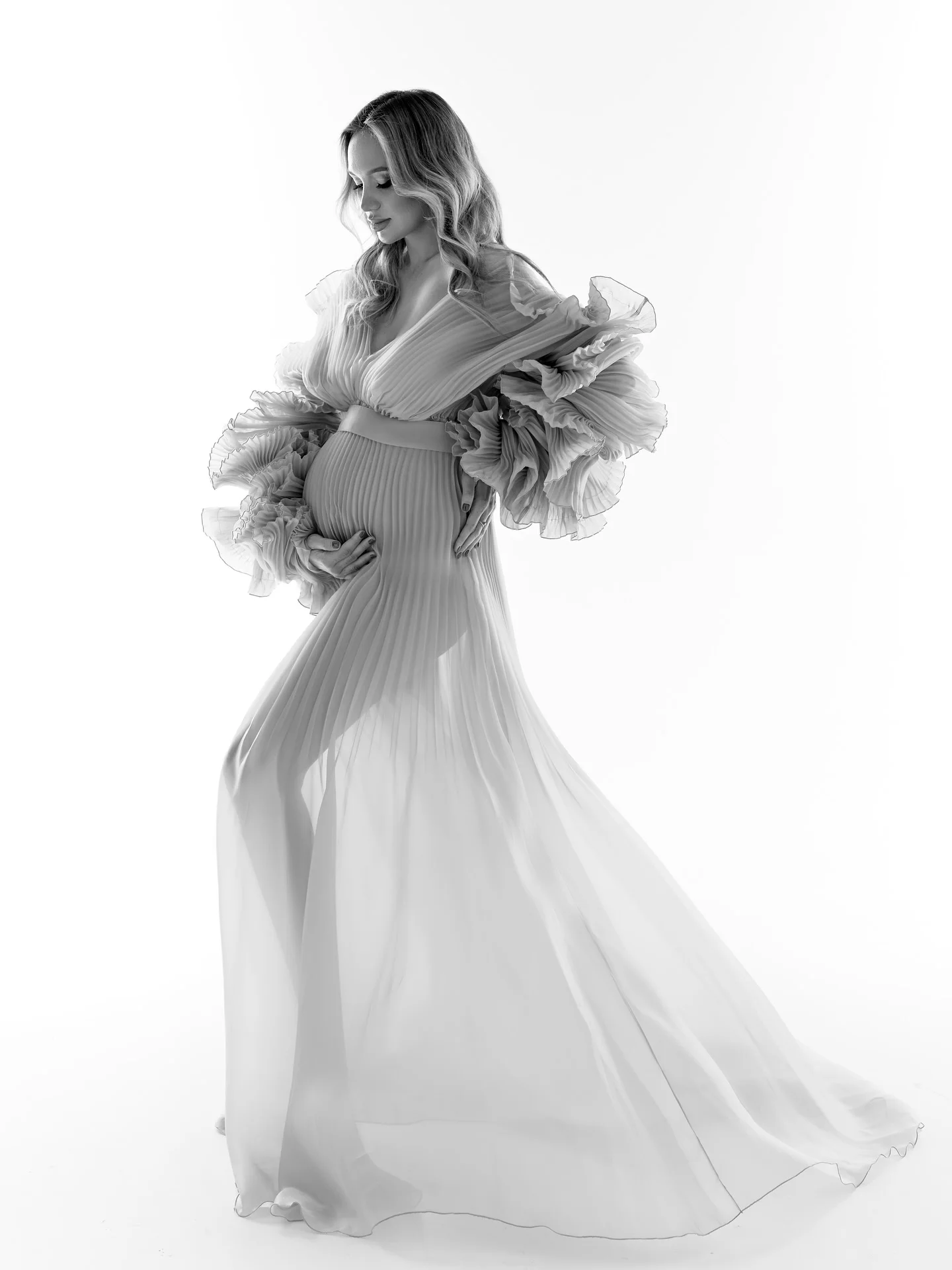 Hot Sale Pleated Organza Maternity Dresses Photoshoot V Neck Puff Sleeves Maternity Dress платье для беременны