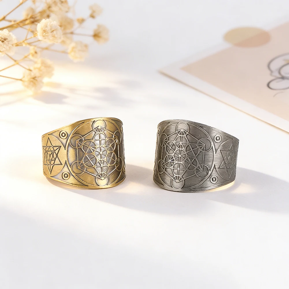 Vintage Archangel Metatron's Cube Ring Adjustable Open Ring Six Pointed Star Solomon Amulet Ring for Men Women Jewelry Gift
