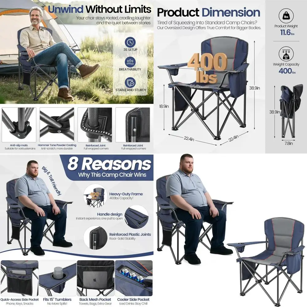 

2 Pack Heavy Duty Oversized Camping Chair for Adults 400lbs w/Lumbar Support - Folding Chairs with Side Pocket, Cup Holder & Coo
