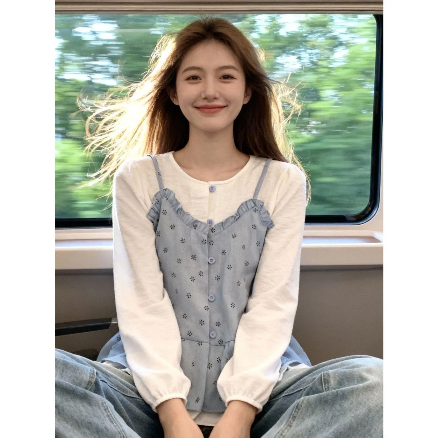 Blue Faux Two-Piece Blouse Women's Spring Autumn Loose Slim Floral Strap Splice Wooden  Design Versatile Commute Style ...