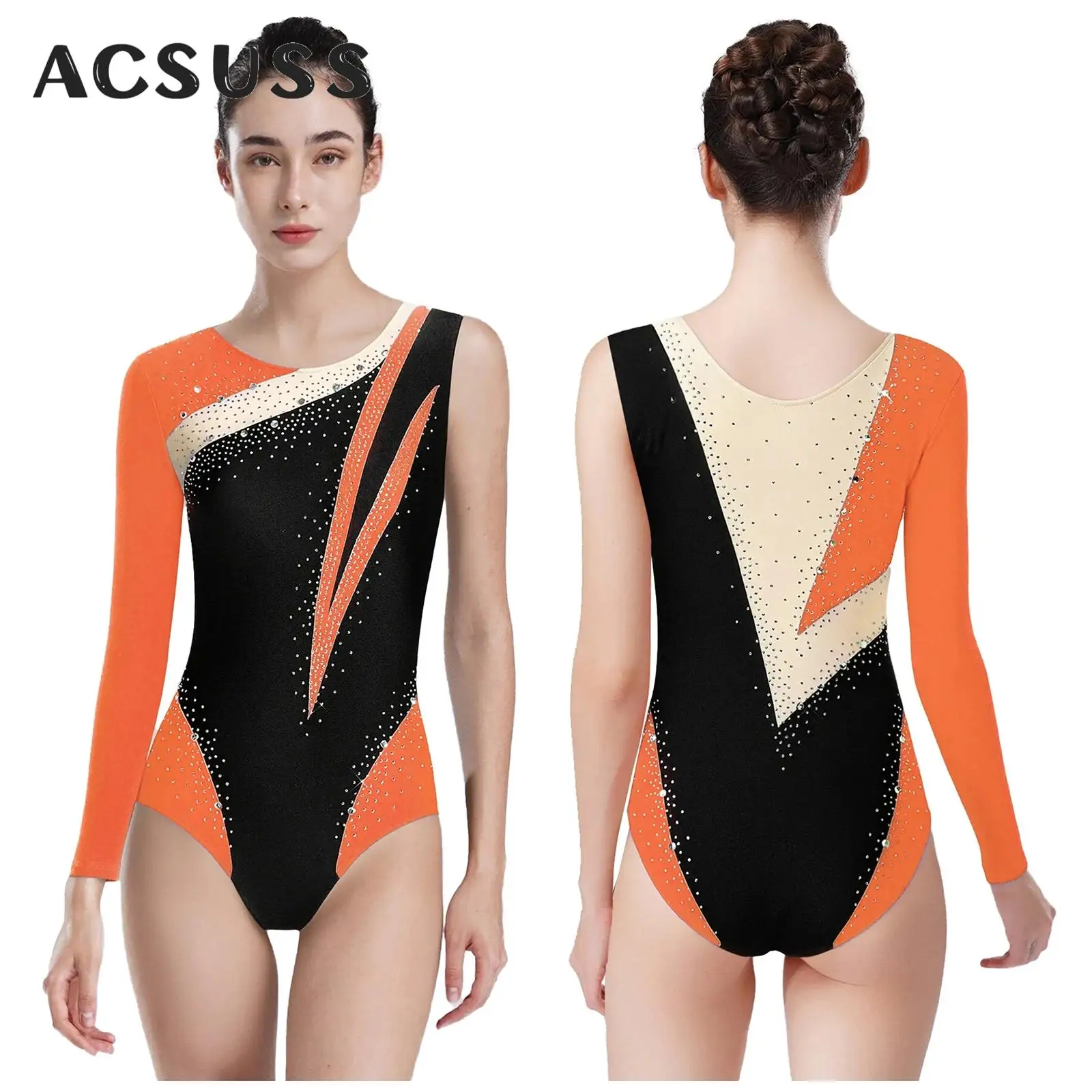 Frauen Glänzende Strass Eiskunstlauf Künstlerische Gymnastic Trikot Eine Schulter Ballett Tanz Body Rhythmische Akrobatik Kostüm