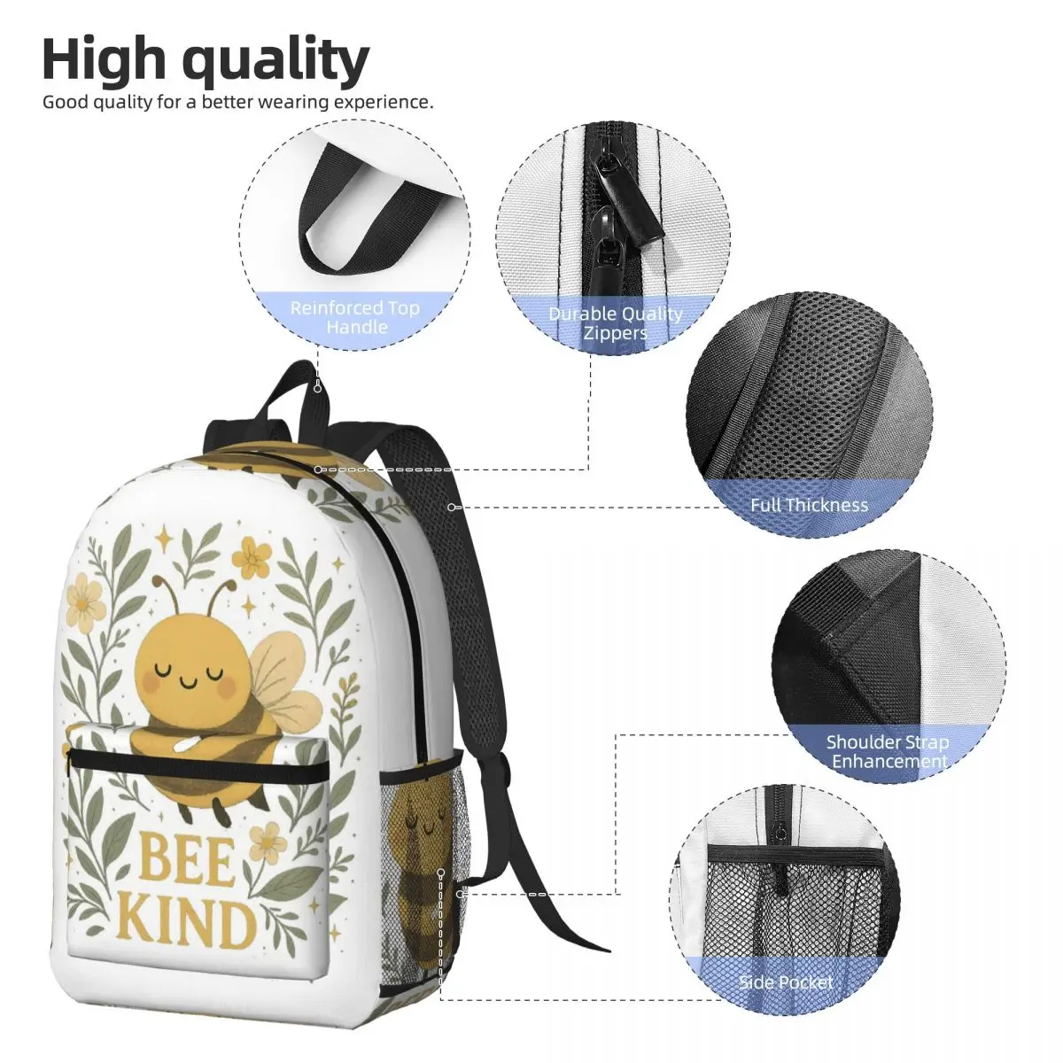 Bee Kind Cute Bumblebee Floral With Gentle Kindness Quote Backpack Boys Girls BookBag Children School Bag Laptop Shoulder Bags