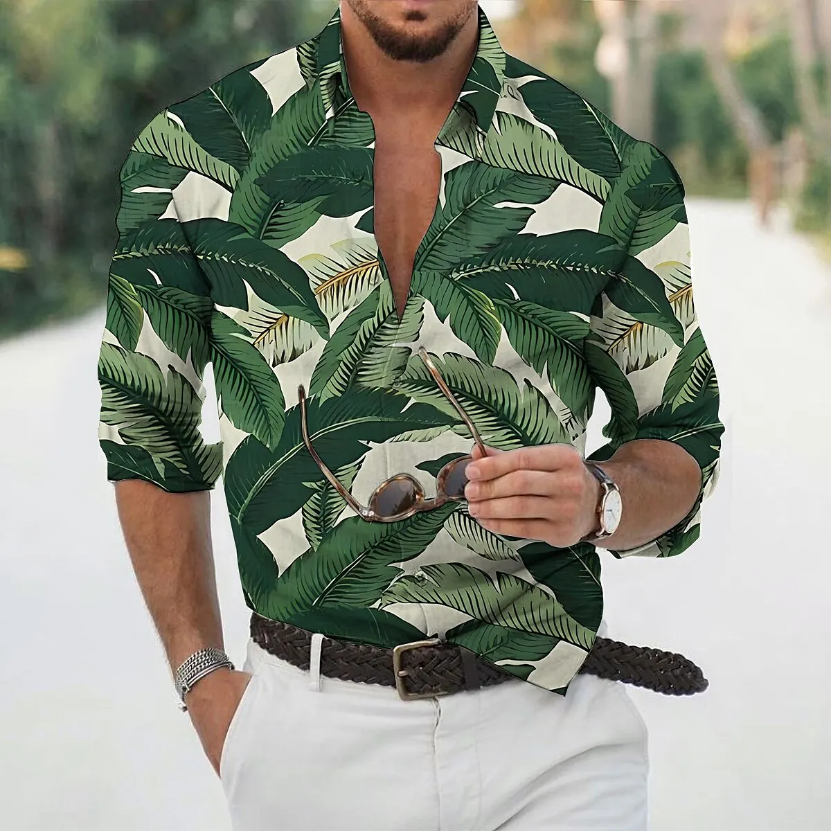 

3D Print Green Leaf Graphic Men's Long Sleeve Shirt Hawaiian Casual Travel Holiday Lapel Button Shirts Loose Breathable Man Tops