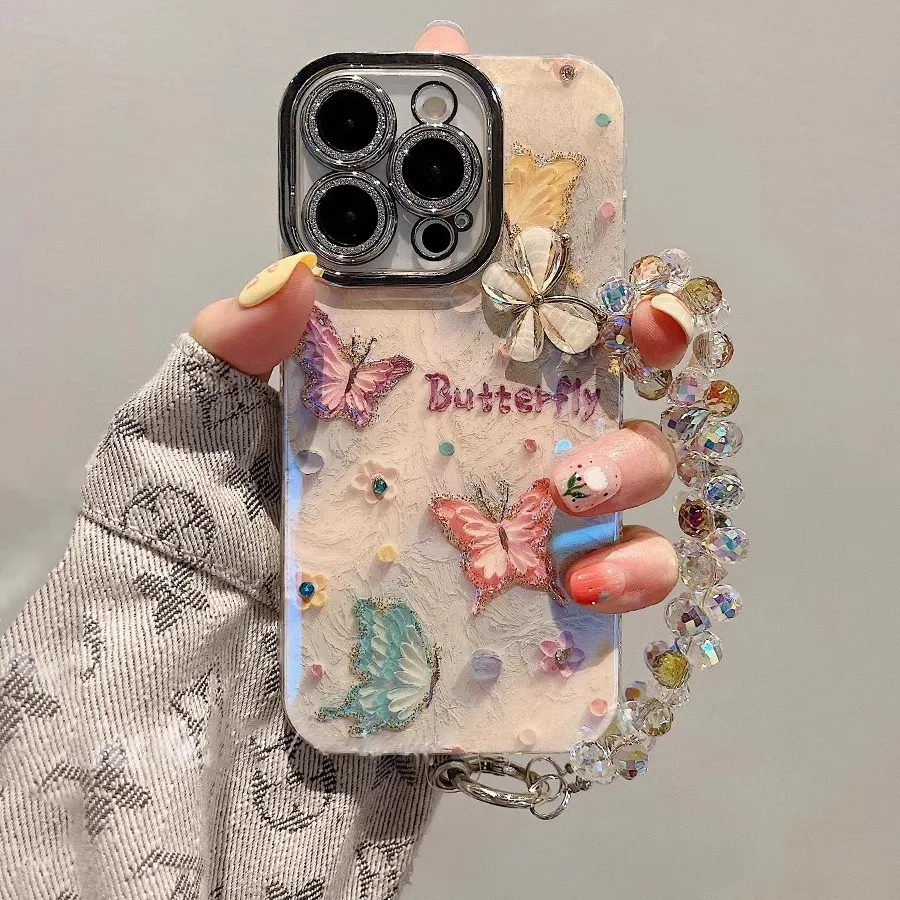 

Синий светлый цвет стерео бабочка для телефона Apple 16promax, новый чехол с цепочкой, маленький свежий креативный защитный чехол