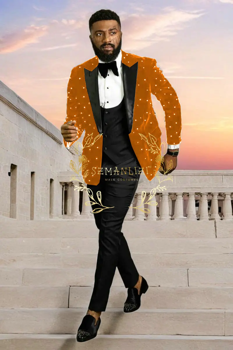 Luxury Beading Burgundy Velvet Men Suits Homme Groom Tuxedos Wedding Party Terno Masculino Slim Fit 3 Pieces Jacket Vest Pants
