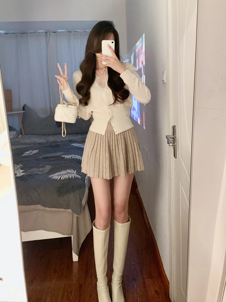 2023 Spring 2 Piece Dress Set Women Korean Fashion Y2k Clothing Sweet Cardigan + Mini Skirts Elegant Bodycon Knitted Suits Chic