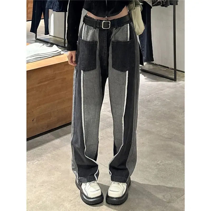Vintage Oversize Women Spliced Jeans Streetwear Spring Autumn High Waist Straight Pants Y2k Loose Wide Trousers