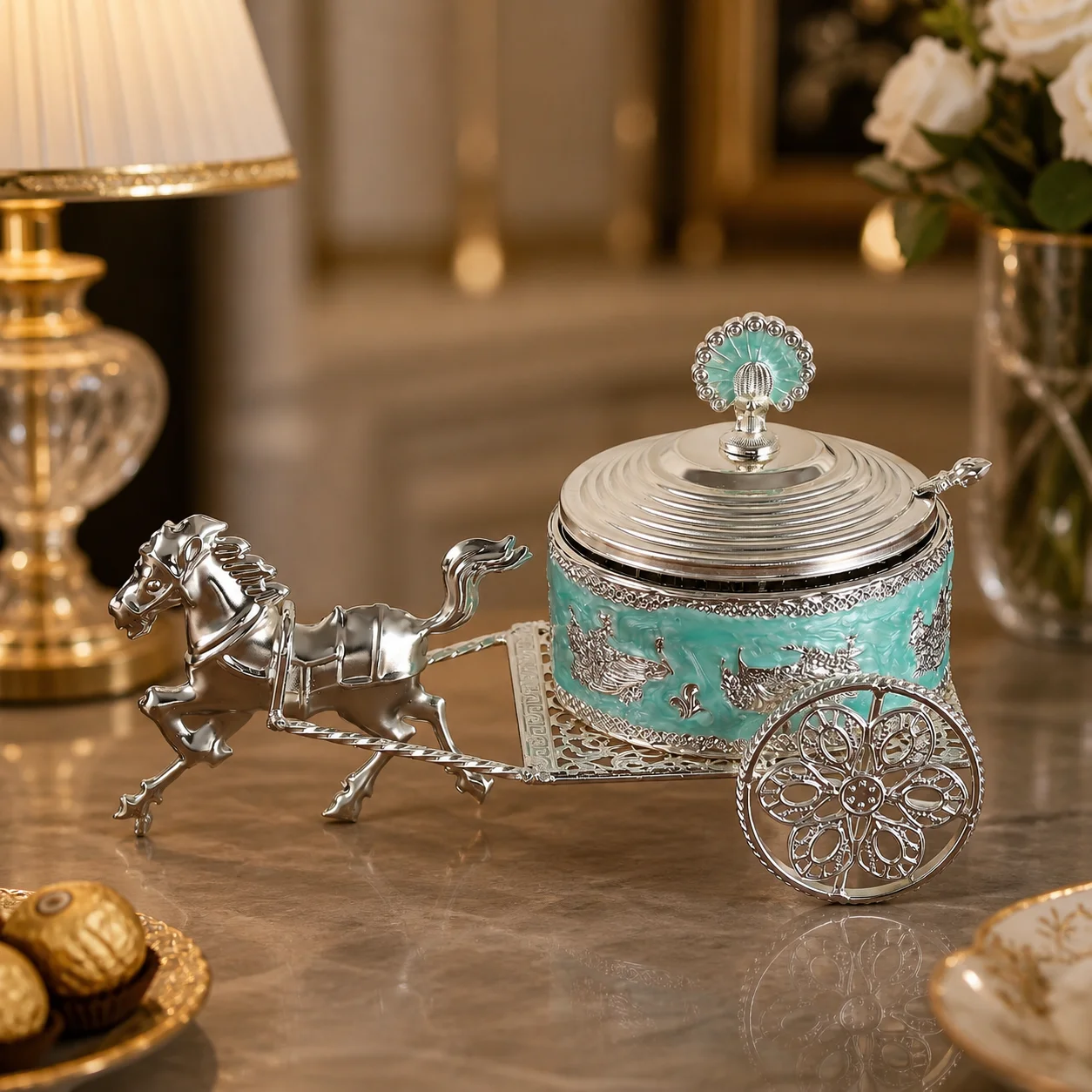 Zinc Alloy Horse Carriage Sugar Bowl with Spoon Silver-Color Metal Spice Jar Nordic Enamel Condiment Box Kitchen Decor