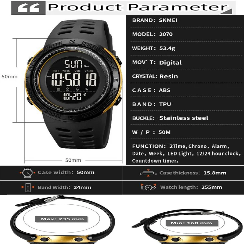 Skmei Dual Time Zone Mens Military Sports Watch 12/24 Hour Format Fashion TPU Band Big Size Dial Led Swimming Digital Wristwatch