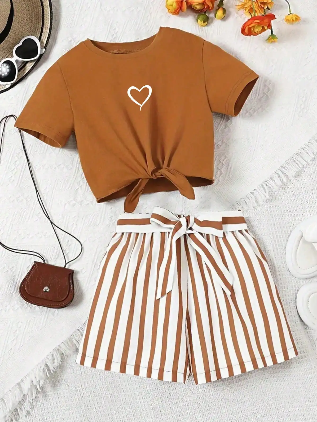 Women's Casual Daily Short-Sleeved Love Printed+Striped Printed Shorts 2-Piece Set with Random Belt Striped Children's Clothing