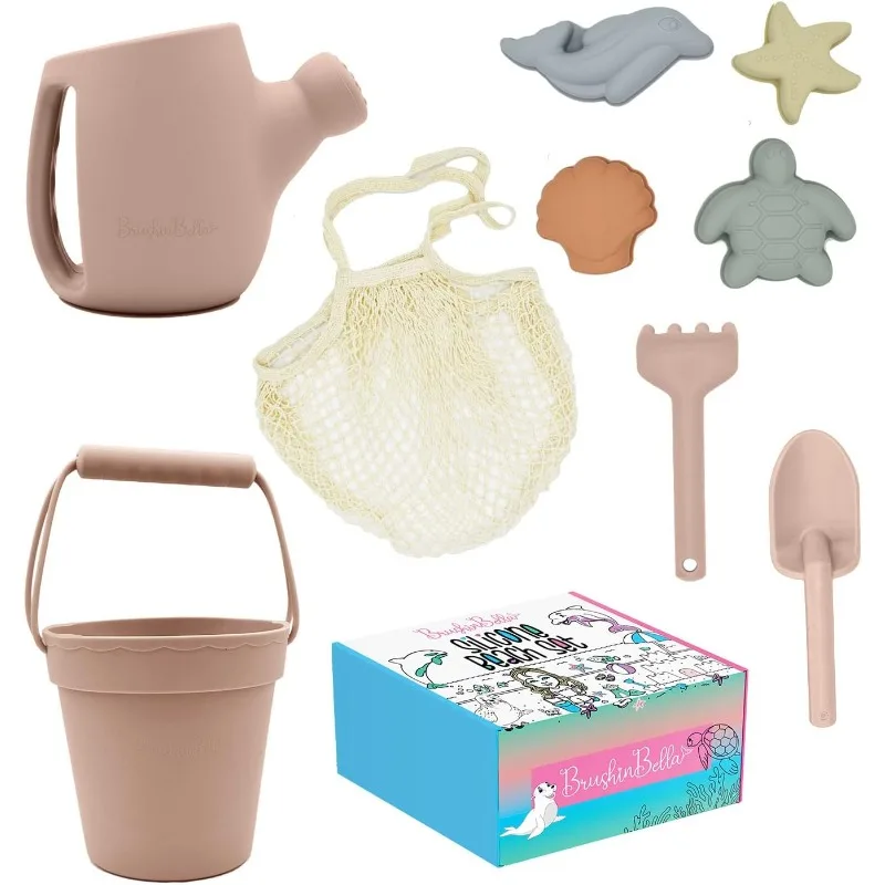 Toys - Beach Bucket Set with Shovel, 4 Sand Molds - Travel-Friendly Kids Sand Toys in Net Carrying Bag