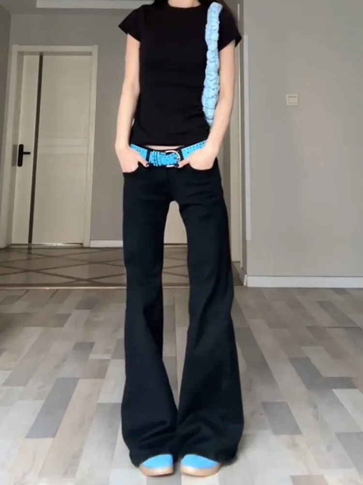 

American Retro Black Low Waist Flared Jeans Women Tall Extended Slim Loose Slimming Wide Leg Floor-Length Pants