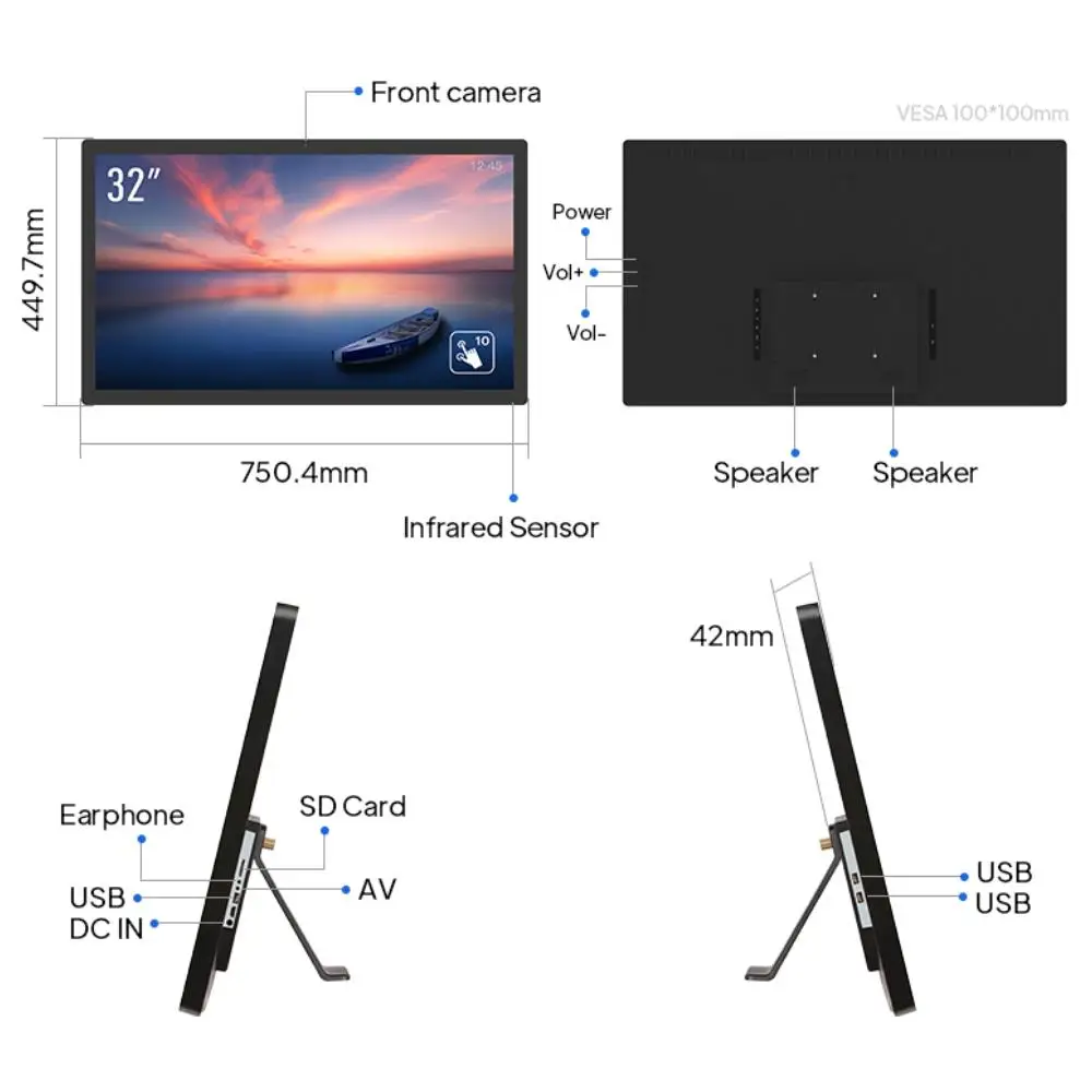 32-дюймовый монитор с настенным креплением FHD IPS, сенсорный экран, подсветка, емкостный дисплей 1080P, камера 5 Мп, Android, Windows, HDMI, AV вход