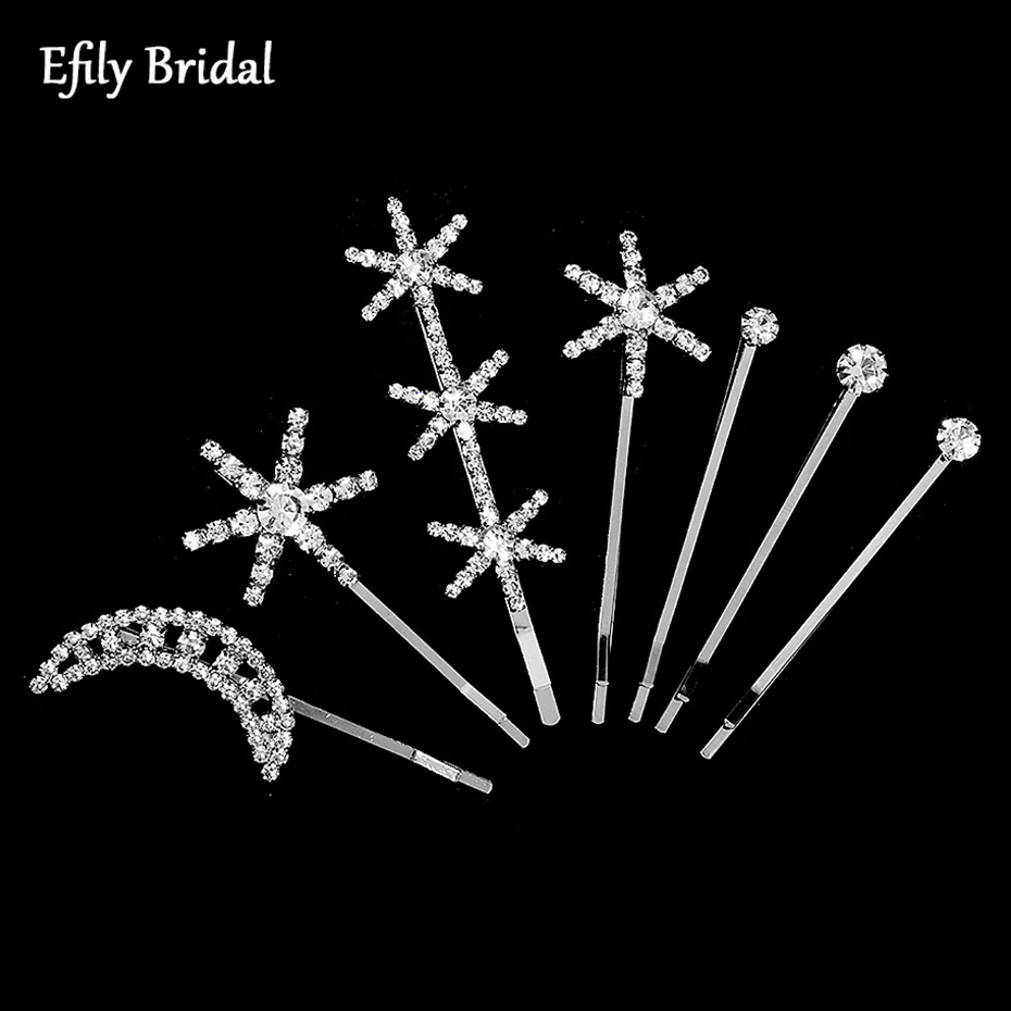 Efily 7Pcs/Lot Star Moon Hairpins Clips Rhinestone Wedding Hair Accessories for Women Girls Bridal Headpiece Jewelry Gift