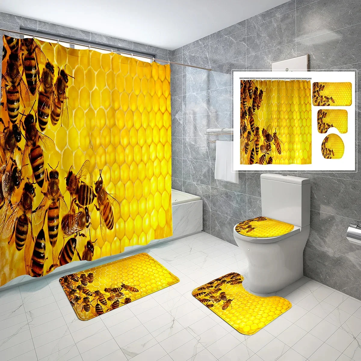 

Bathroom Shower curtain set Diligent bees Yellow Beehive Pattern Toilet seat mat Bath mat Waterproof Shower curtain set