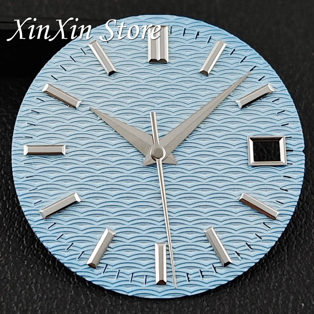 Sky Blue 28.5mm GS Watch Dial With Hands Wave Textured Surface Watch Face Watch Parts for NH35 4R35 Movement for GS Mod Parts