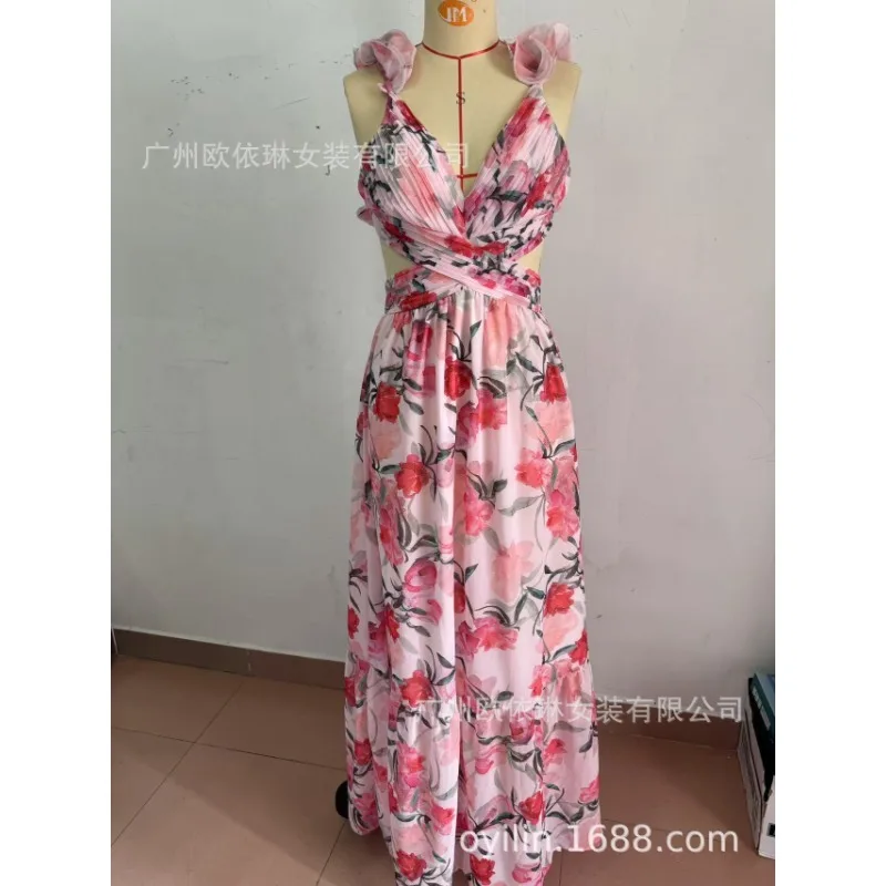 مثير العميق الخامس الرقبة عارية الذراعين فستان الحفلات عطلة المرأة الصيف بلا أكمام أنيقة جلد يصل فستان كشكش السيدات فساتين ماكسي غير رسمية #6