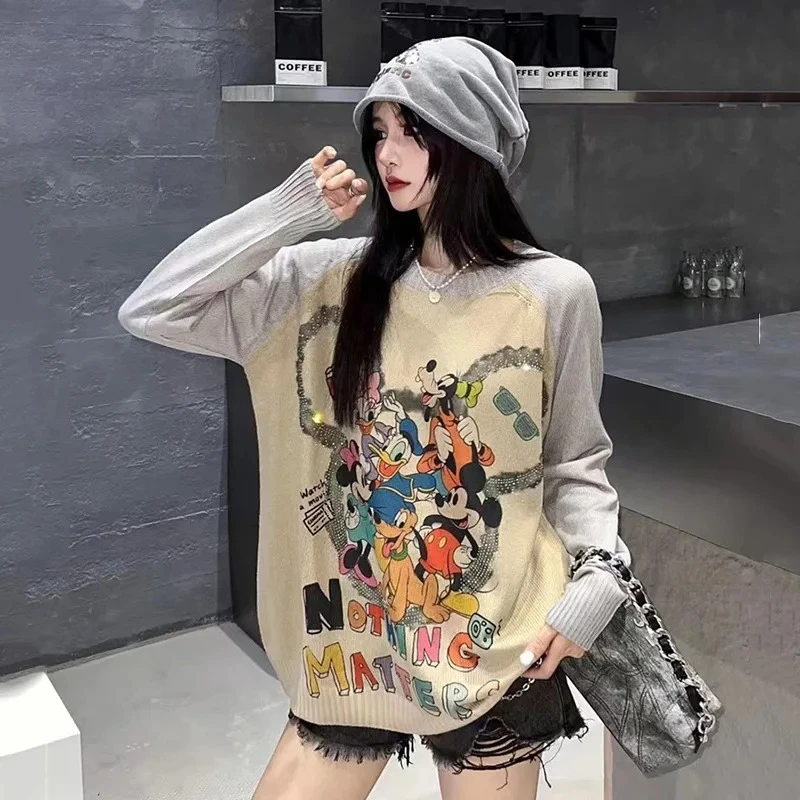 2025 New Arrival Women's Disney Multi-Character Graphic Knitted Sweater - Colorblock Sleeves Oversized Edgy Casual Fall Top