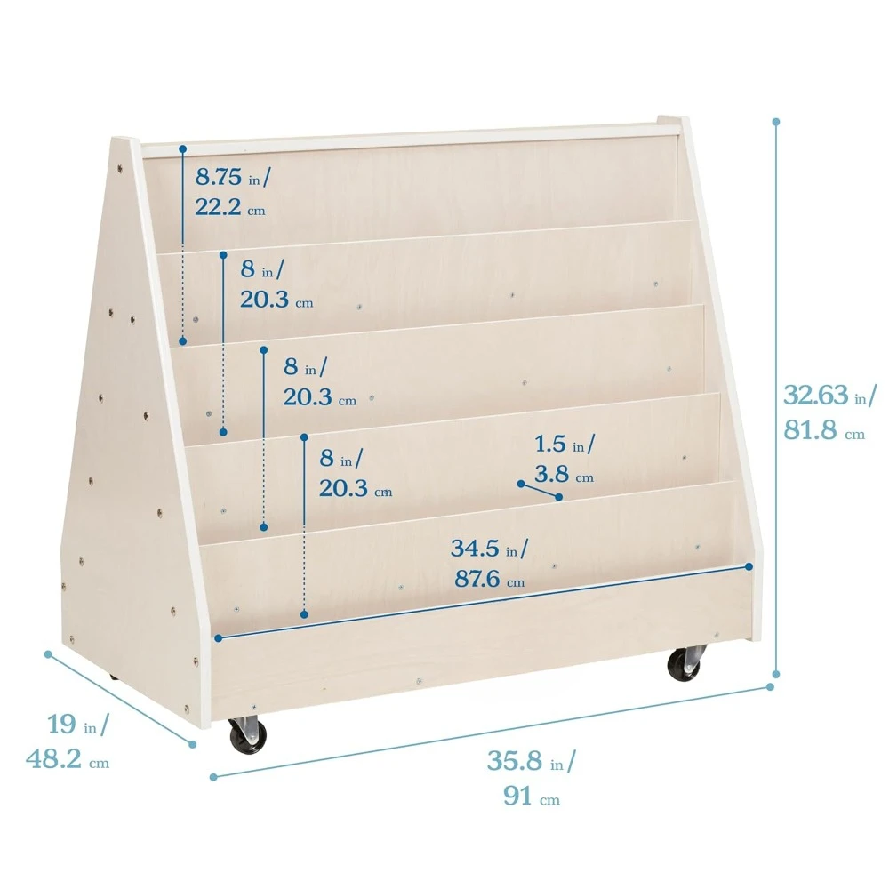 Double-Sided Mobile Book Display, Classroom Bookshelf, White Wash