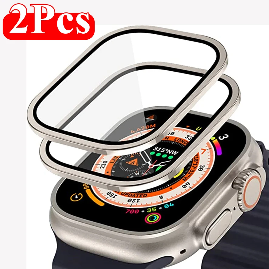 2PCS Aluminium Alloy Case+Tempered Glass for Apple Watch Ultra 2 49mm Anti-Scratch Screen Protector for iWatch Ultra Cover Film