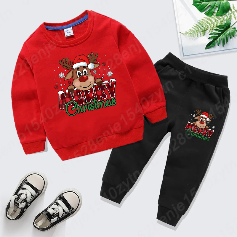 Merry Christmas Sweatshirts Sets For Girls, Cute Reindeer Print Sweatshirt+Trousers, Long Sleeves, Girls Xmas Sweatshirt Suit