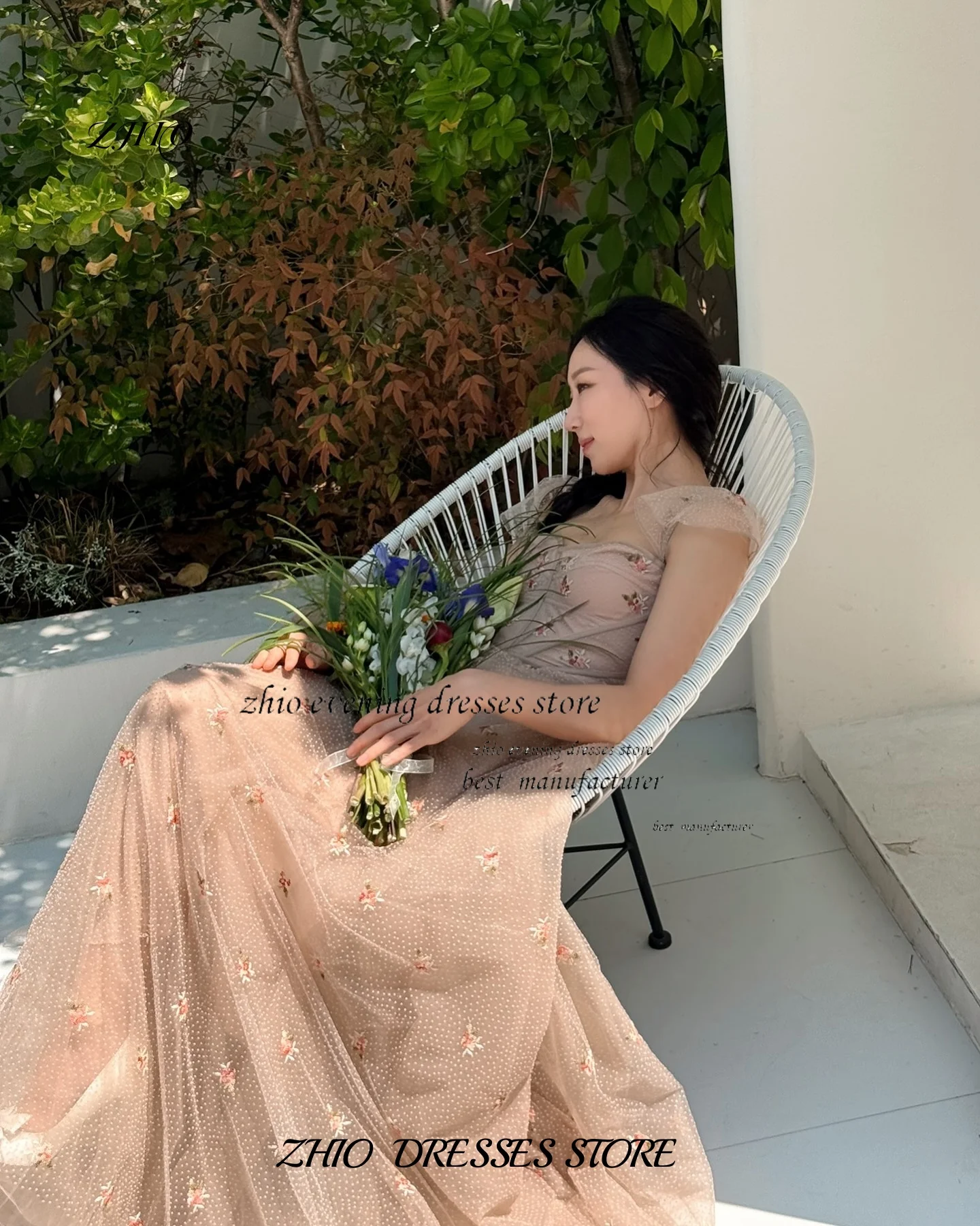 ZHIO Тюлевое корейское вечернее платье цвета шампанского с вырезом в форме сердца и пышными рукавами, трапециевидной формы, длиной до пола, подходит для свадебного платья