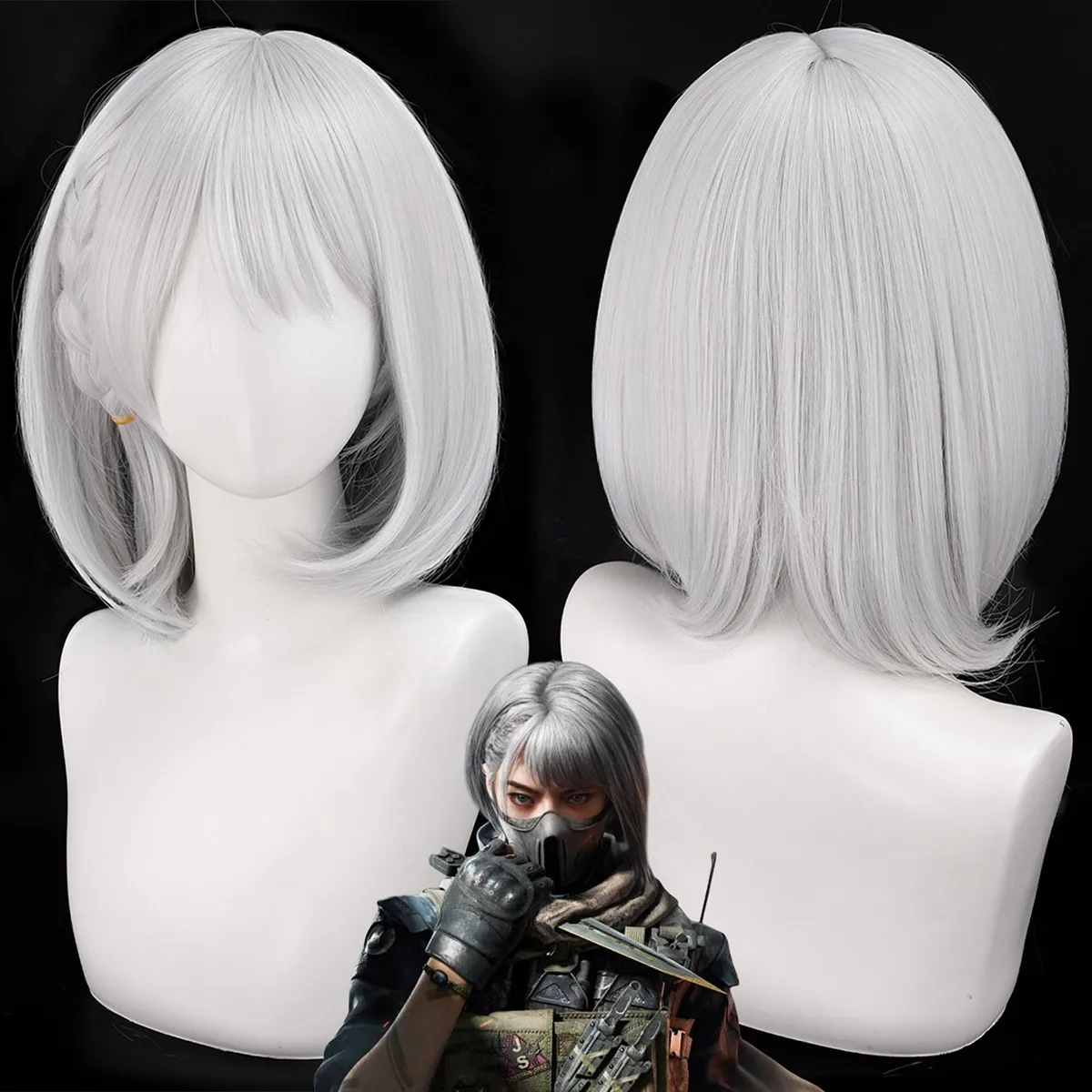 Delta Force Hackclaw Cospaly Wig Game Role-playing Cos Wig Grey Braided  Synthetic Hair Wig Halloween Carnival Props