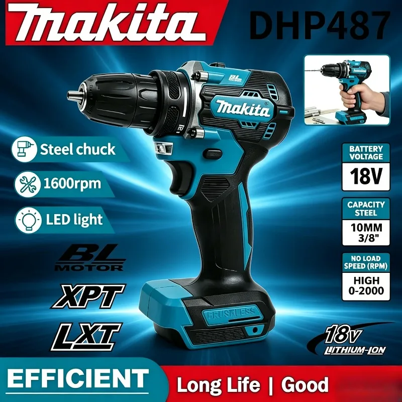 

Бесщеточная аккумуляторная ударная дрель-шуруповерт Makita DHP487 18V LXT, компактный ударный гайковерт, электроинструмент