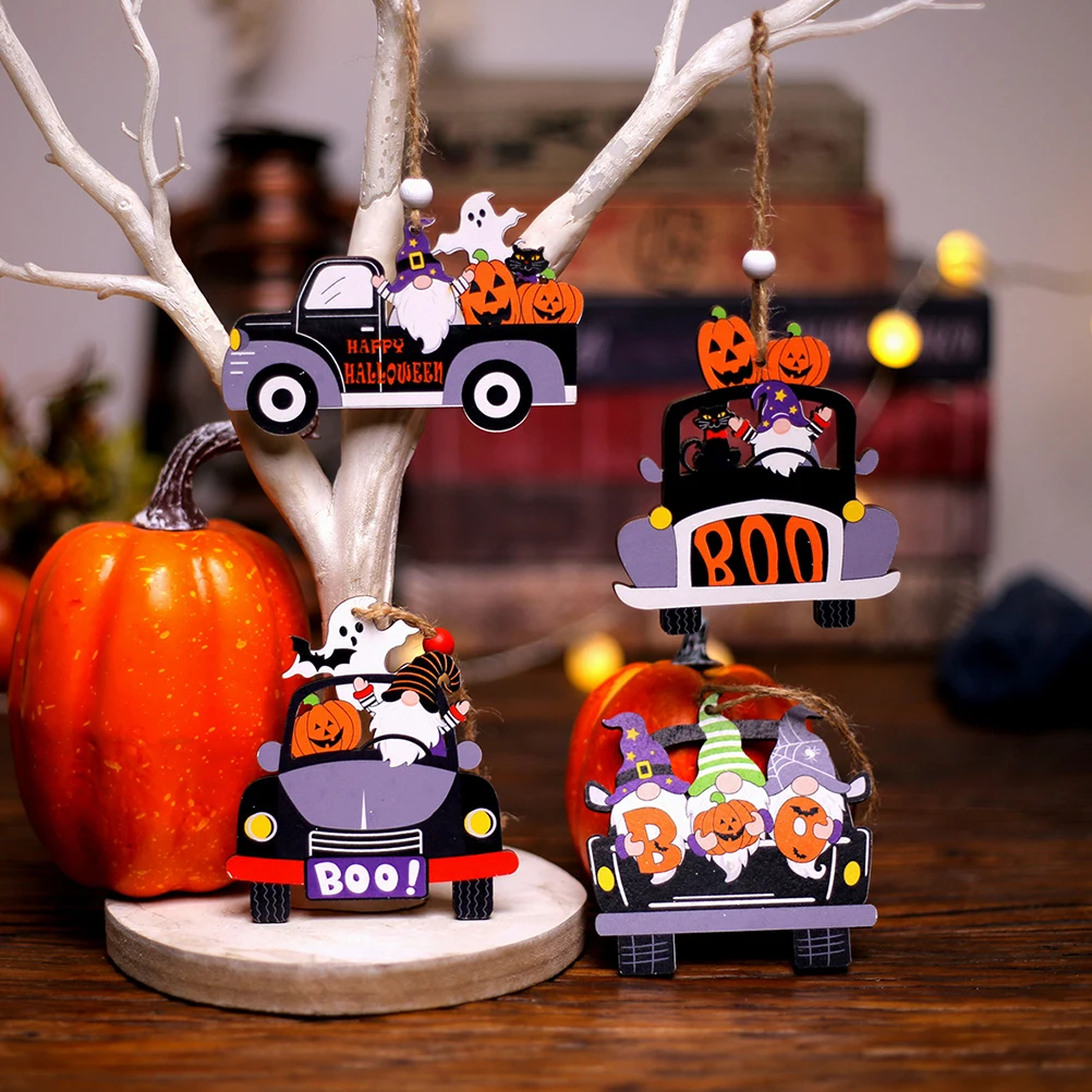 

4 Pcs Wooden Car Decoration Pendants Halloween Decorative Prop Hanging Party Decorations Label Tree Festival