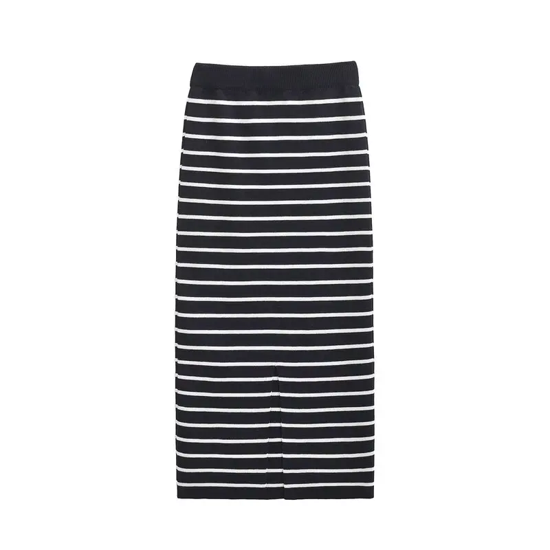 

Autumn Winter Women's Striped Print Knitted Casual Straight Skirt New Arrival Faion Versatile Mid-Length l Waist