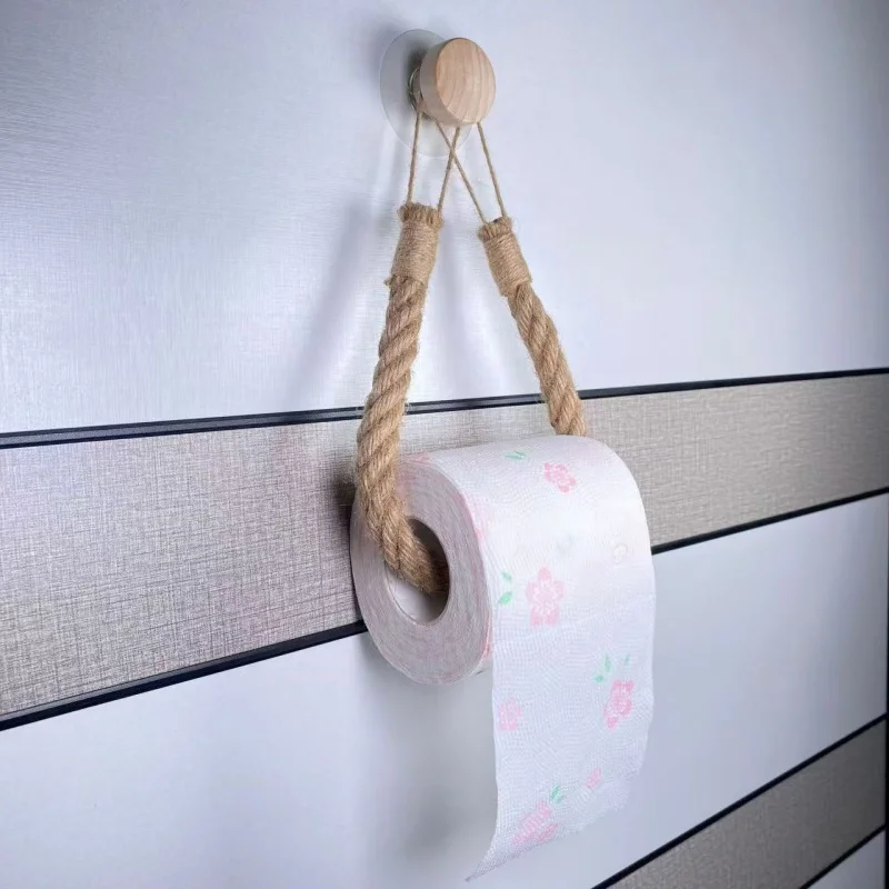 3-Piece Set of Solid Wood and Hemp Rope Woven Paper Roll Holder, No-Drill Towel Storage Rack, Creative Wall-Mounted Tissue Storage Rack