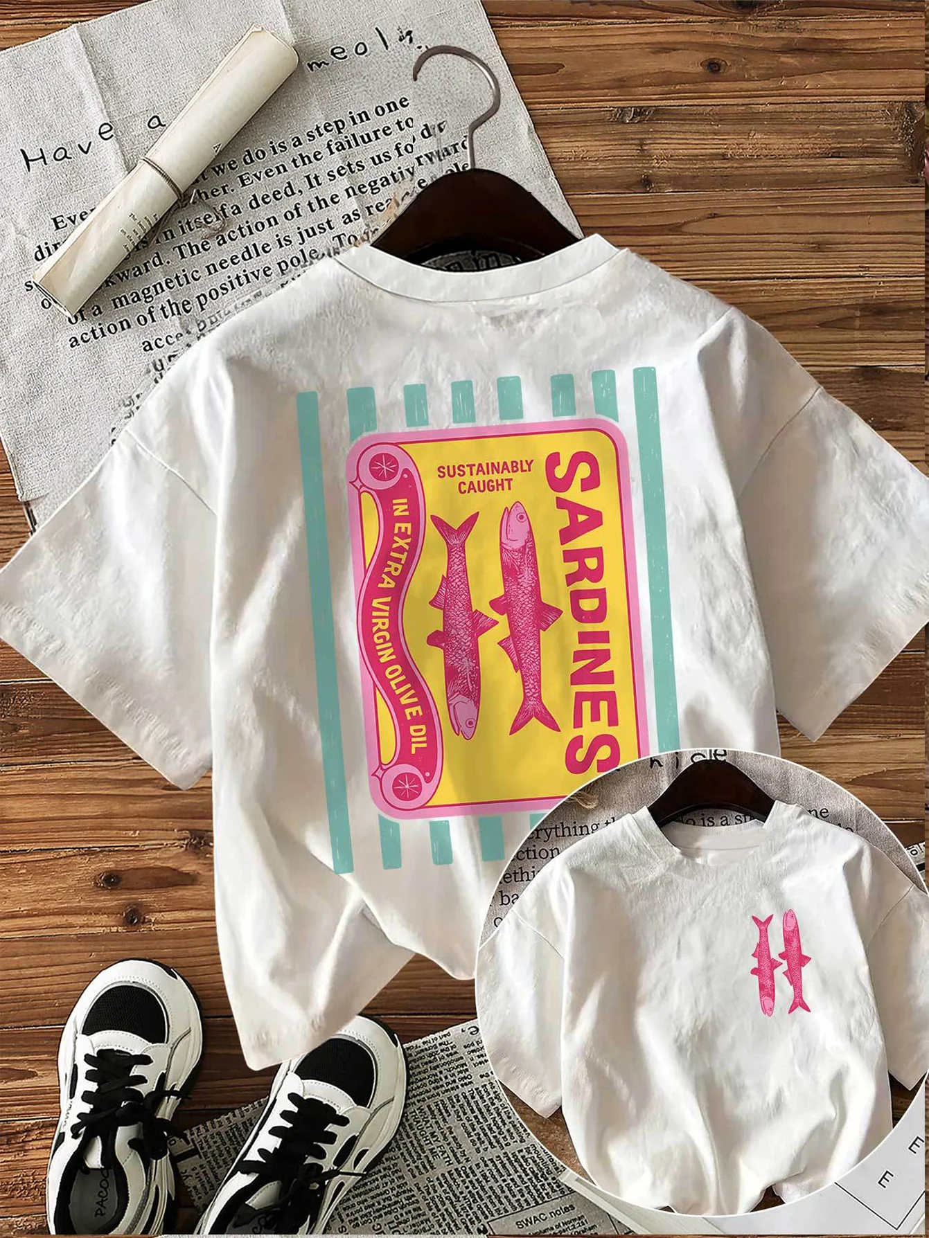 Camiseta gráfica con estampado de sardinas, camiseta estética con estampado de comida Retro, ropa de calle Harajuku, Tops de moda de verano para mujeres y hombres, Unisex