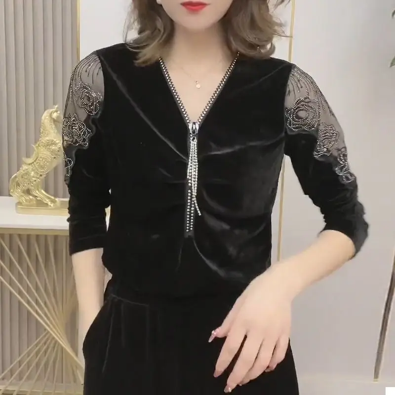 Elegant V-Neck Zipper Shirt Fashion Folds Diamonds Female Clothing Solid Color Autumn Winter Long Sleeve Gauze Hollow Out Blouse