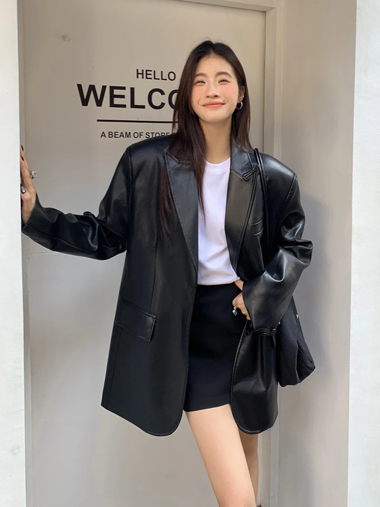 

Bla PU Leather Jaet Suit Women Loose Fit High Quali Autumn New Sle Street Faion Original Design Long Sve Pure Color