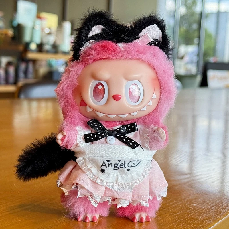 15/17 cm carino Labubu 1a-3a generazione bambola adorabile vestito da cameriera sexy grembiuli multicolori dettagli in pizzo fasce per orecchie di gatto con code di peluche