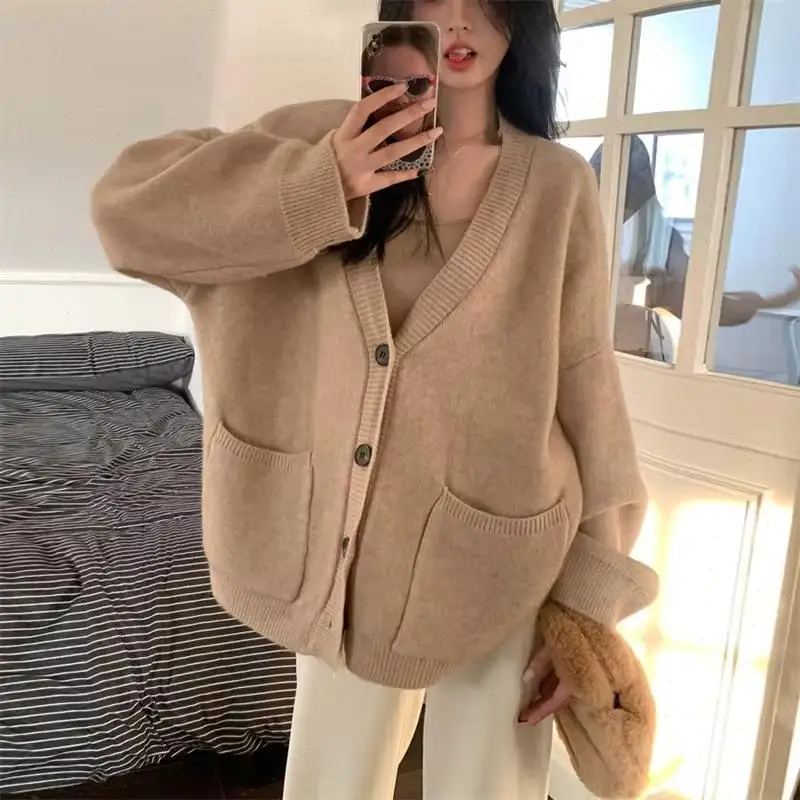 Women Sweaters Casual V Neck Long Sleeve Cardigan Jumpers Knit Vintage Spliced Lady Pockets Coats Slight Strech Autumn