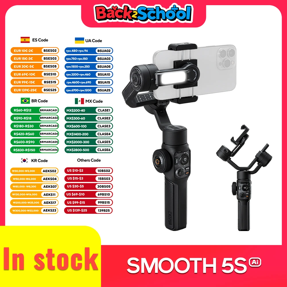 

ZHIYUN Официальный SMOOTH 5S AI отслеживания Gimbal для смартфона 3-осевой стабилизатор заполнить свет Gimbals для iPhone 15 Pro Max Android