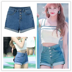 Kpop Lisa Korean Women's Solid Color Denim Shorts High Waist 2023 Vintage Slim Shorts Lady Summer Single-breasted Pocket Shorts