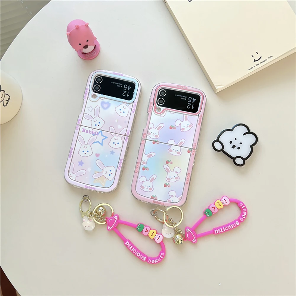 เคสโทรศัพท์รูปกระต่ายน่ารักนำการ์ตูนสำหรับ Samsung Galaxy Z flip 3 4 Z flip 5 6 5G PC แข็งป้องกันการตกเคสด้านหลัง funda