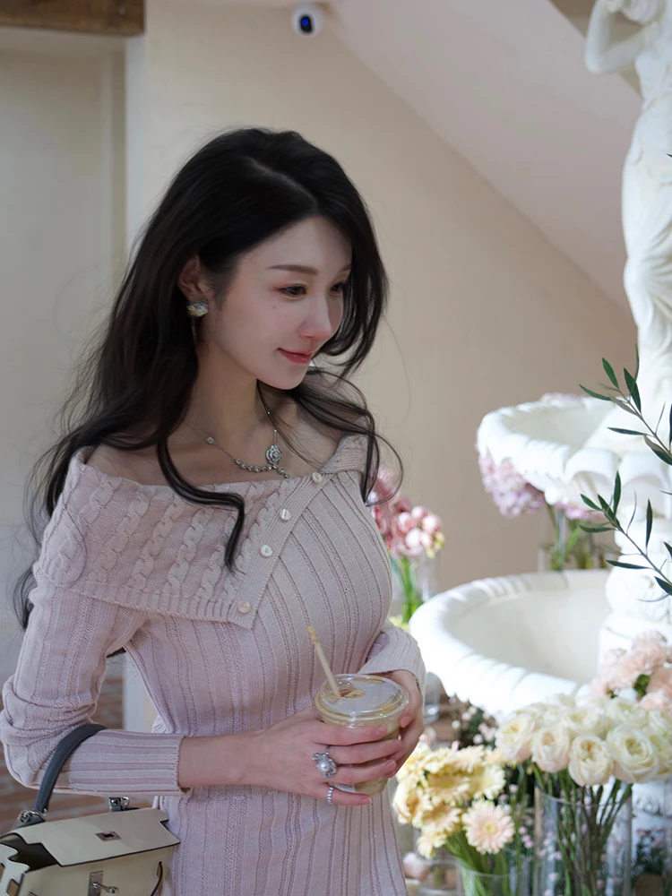 

Wcouture Autumn Winter New Sparkling Wool Yarn One oulder Knitted ort Dr Midi Skirt Polyester Fiber Blend Mid-Length