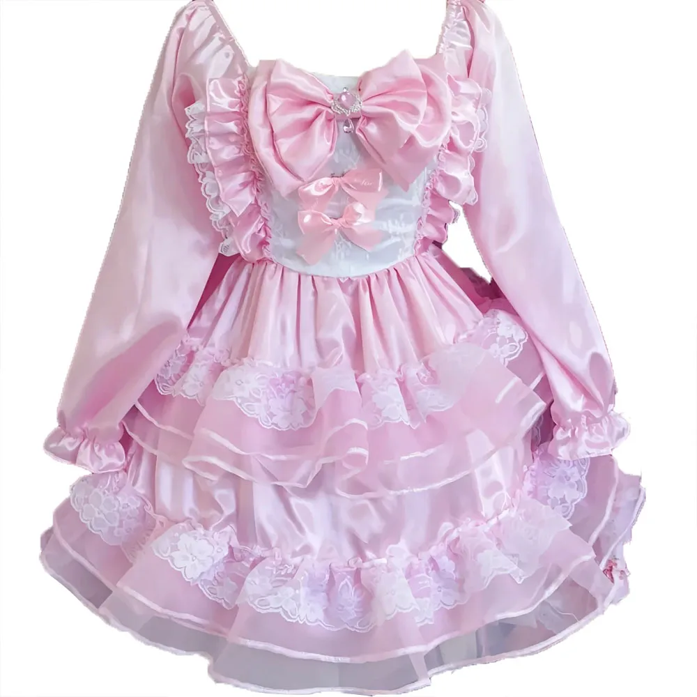 Sexy Girl Pink Long sleeved Satin Sissy Dress Maid COS Cosplay ABDL bowknot Lace Princess Tulle Puffy Dress