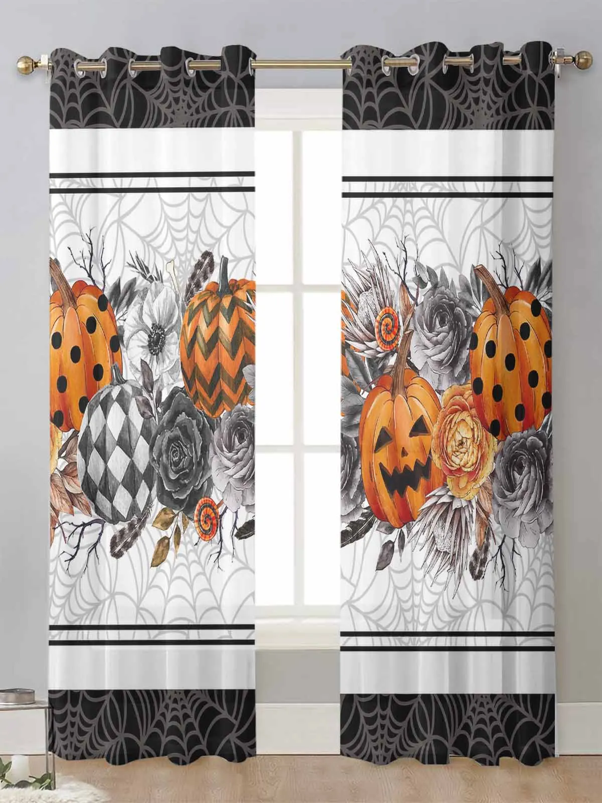 Halloween Orange Pumpkin Black Rose Crow Feather Sheer Curtains Living Room Window Voile Tulle Curtain Drapes Home Decor